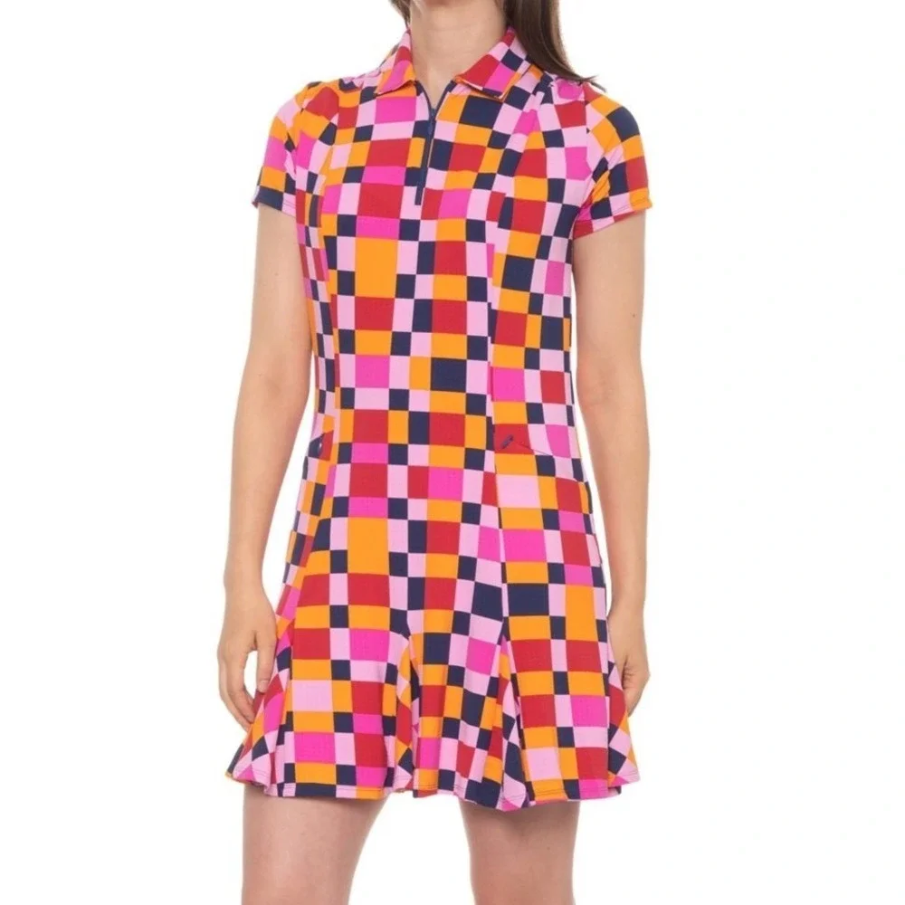 IBKUL Annalise Godet Flounce Hem Zip Neck Dress Pink/Orange Check Size Large SPF